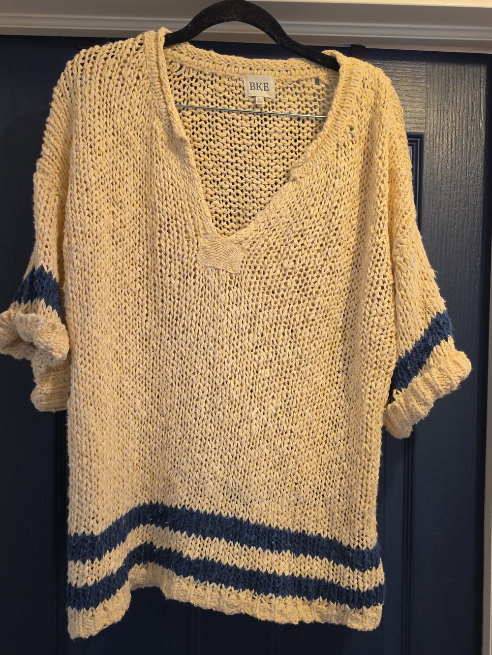 BKE Cream V-Neck Sweater with Navy Stripe Details